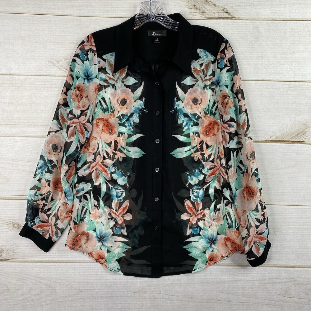 AB Studio Top Womens S Black Floral Button Up Sheer Long Sleeve Boho